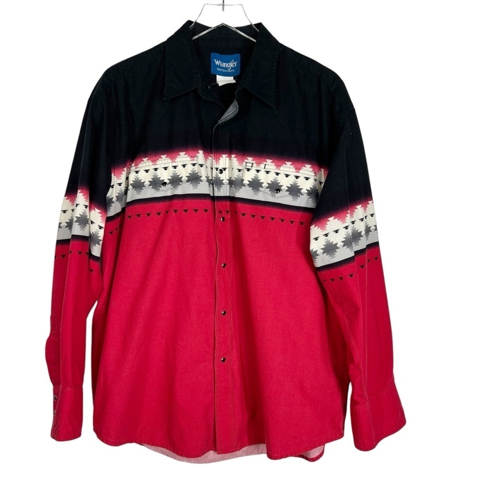 WRANGLER Western Shirts Vintage Aztec Western Black and Red Button Down Shirt XL